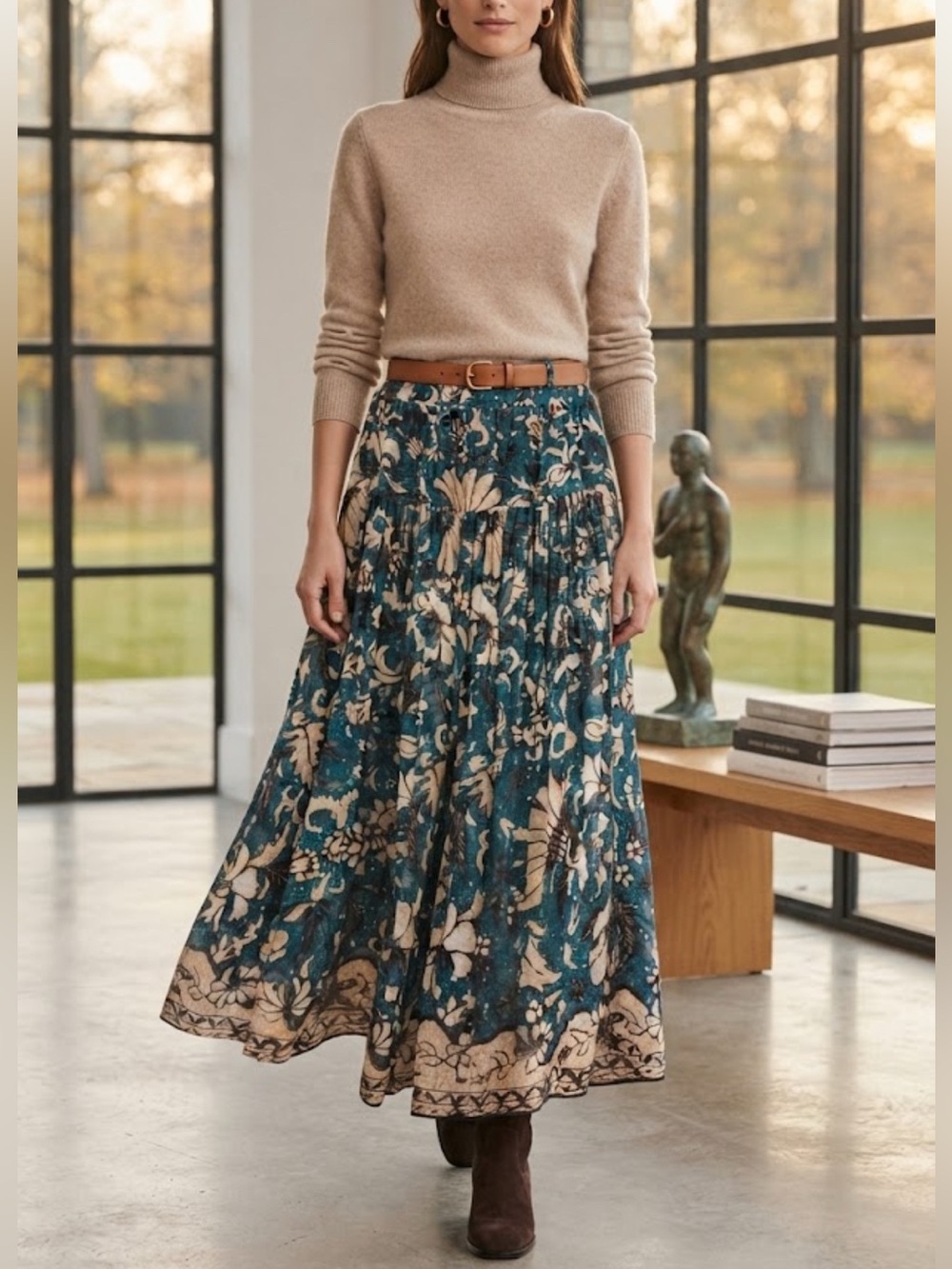 Ulla Johnson Silk Metallic Floral Tiered Maxi Skirt Teal Green US 4 Boho Luxury